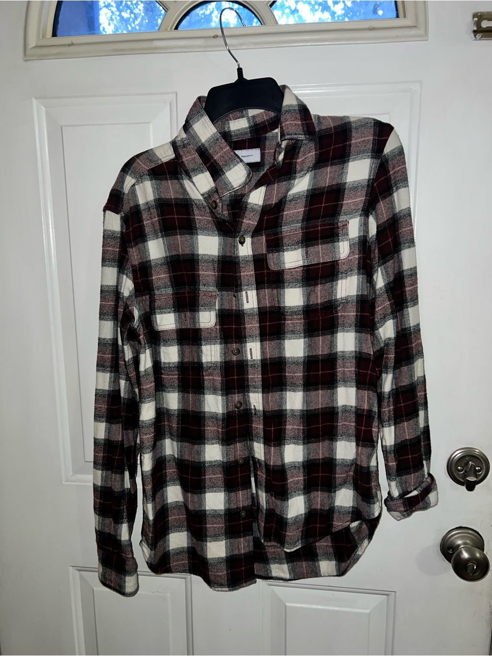 Plaid Button-Up Shirt in Black, White & Maroon